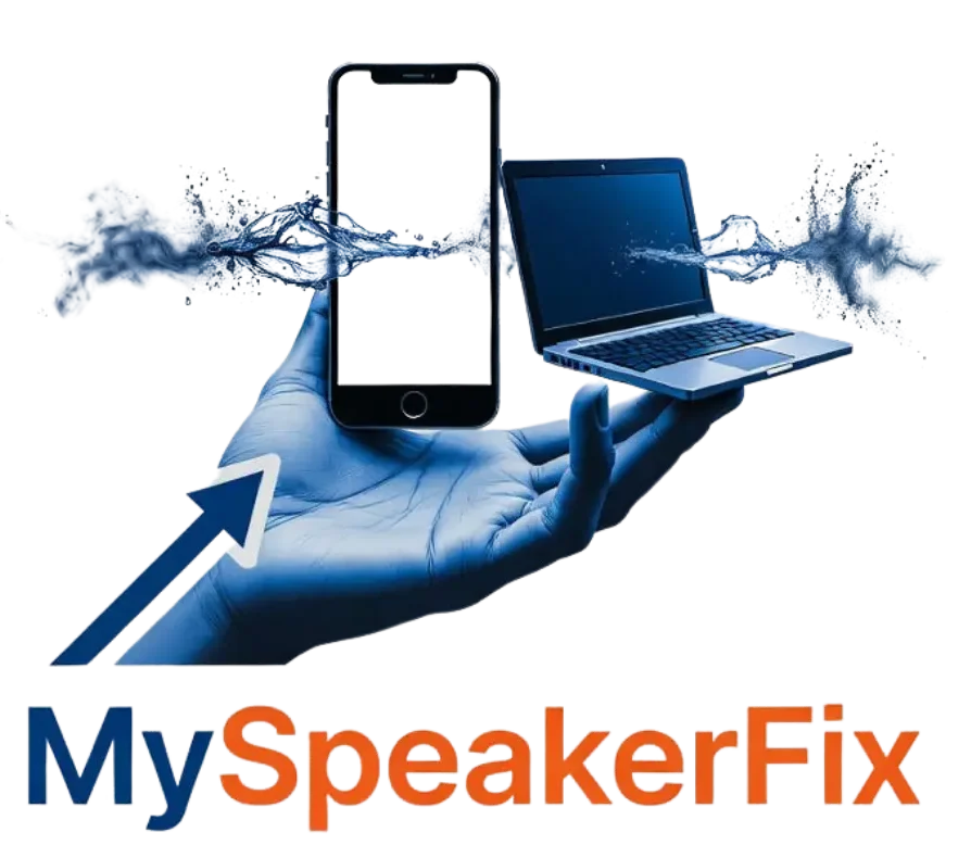 MySpeakerFix Logo: Hand Holding Smartphone and Laptop with Sound Waves Ejecting Water Drops and Dust Particles